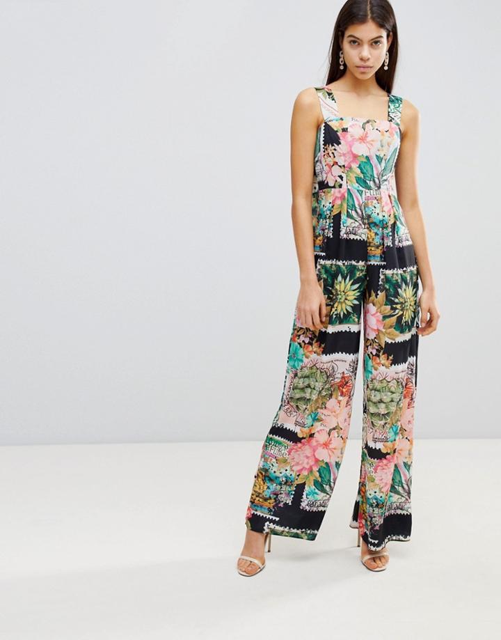 Asos Square Neck Jumpsuit In Postcard Print - Multi