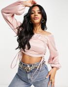 Rebellious Fashion Satin Off-shoulder Volume Sleeve Ruched Front Top In Rose-pink