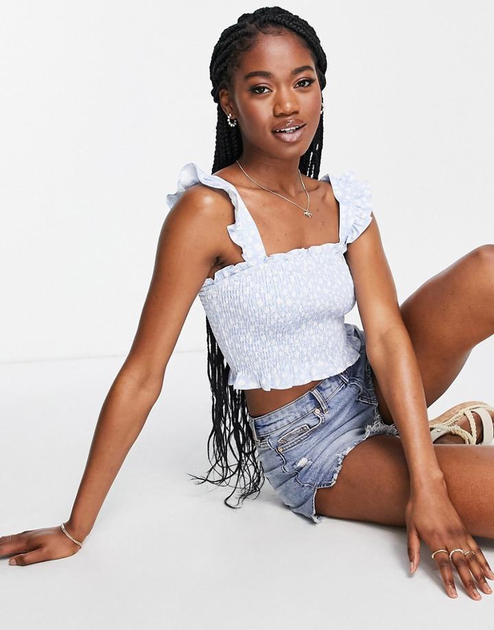 The Frolic Shirred Top With Flutter Straps In Vintage Ditsy Floral-blue