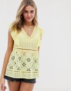 Miss Selfridge Broderie Blouse With Frill Sleeves In Yellow - Yellow