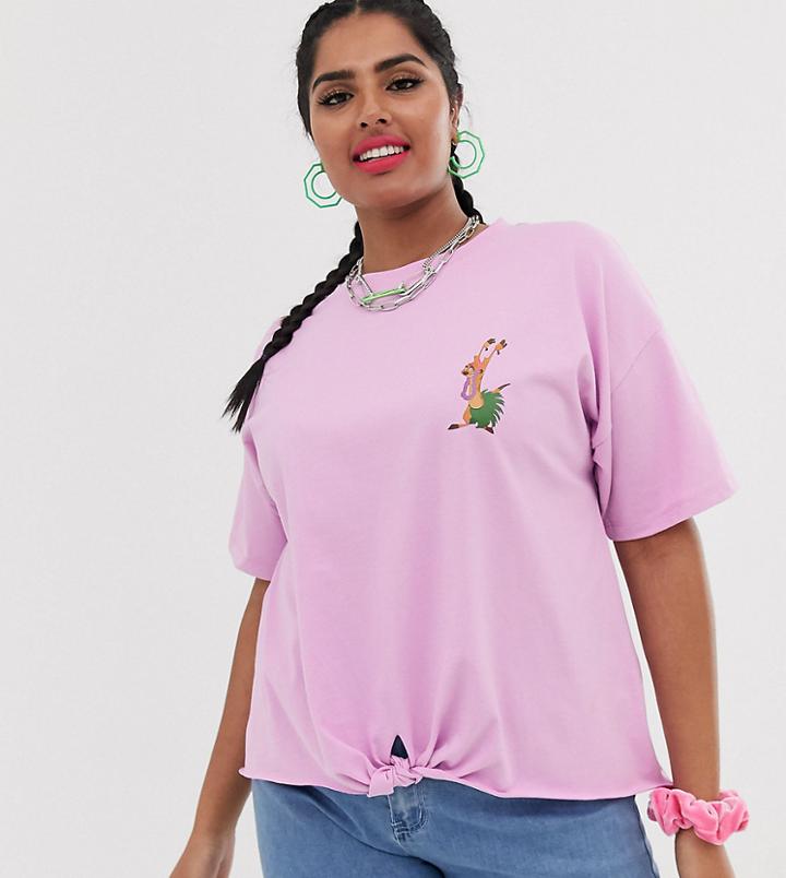 Disney The Lion King X Asos Design Curve Knot Front T-shirt With Timon Print-pink