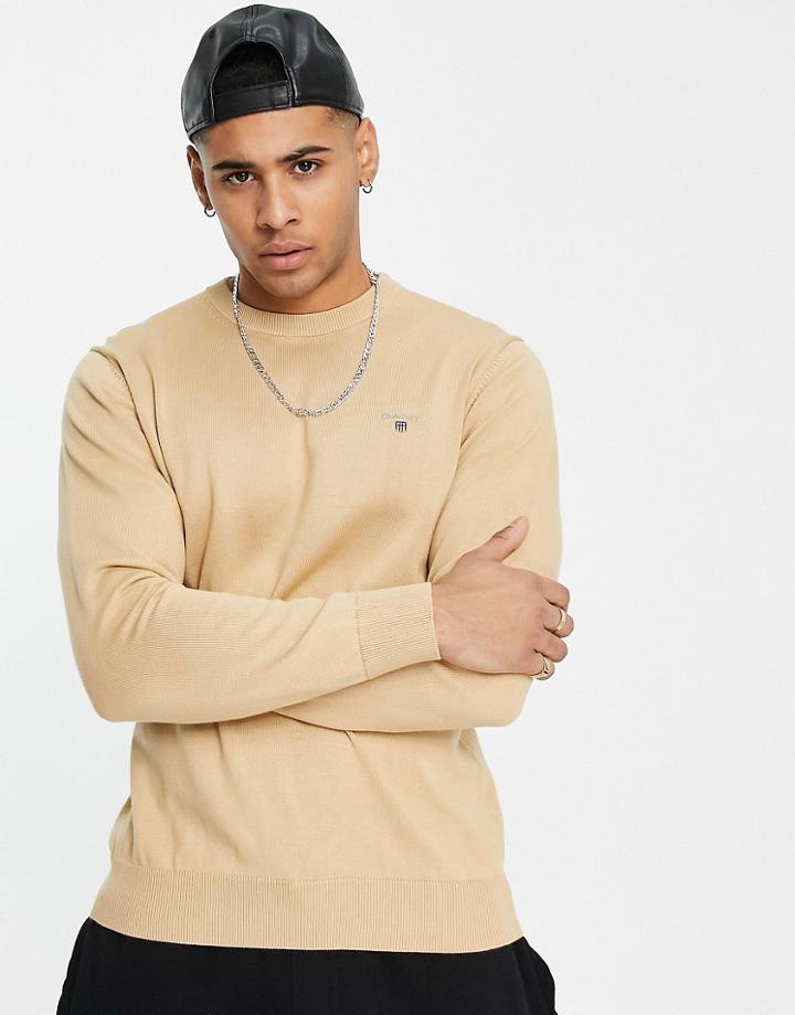Gant Crew Knit Sweater With Small Logo In Cream-white