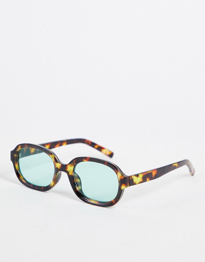 Asos Design Recycled Square Sunglasses With Blue Lens In Brown Tortoiseshell