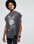 Asos Super Longline T-shirt With Distressed Skull Print And Roll Sleeve - Washed Black