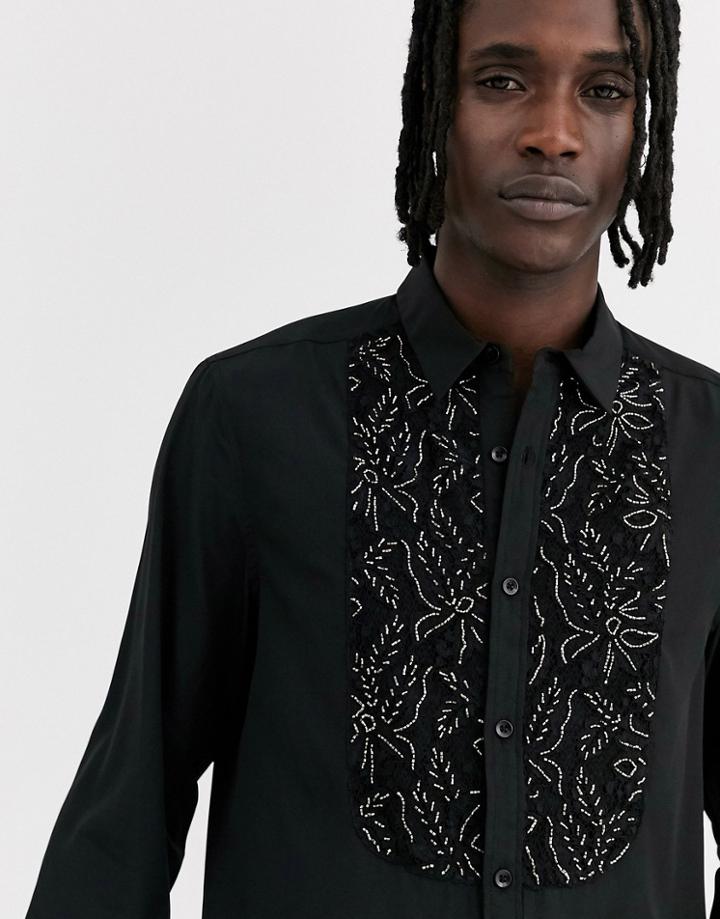 Asos Design Regular Fit Shirt With Beaded Lace Bib Detail In Black