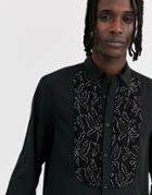 Asos Design Regular Fit Shirt With Beaded Lace Bib Detail In Black