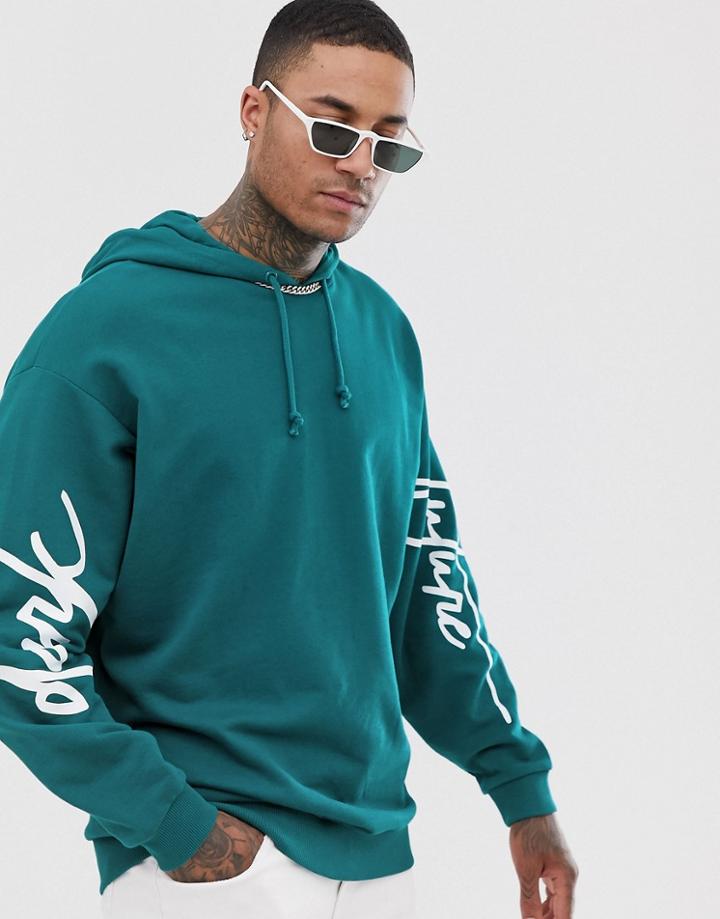 Asos Design Oversized Hoodie With Arm Print In Deep Teal With Dark Future Logo - Green