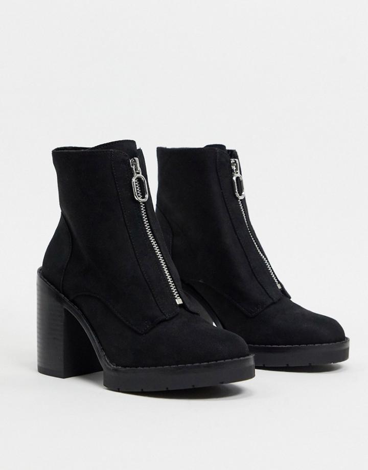 Pull & Bear Zip Front Faux Suede Heeled Boots In Black