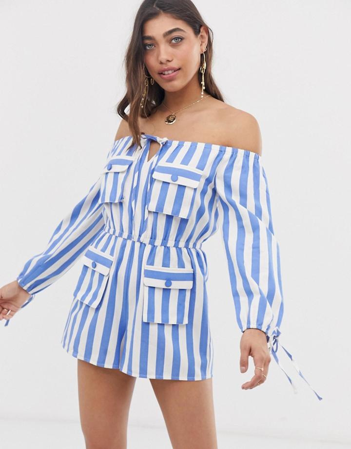 Moon River Pocket Detail Off Shoulder Romper-blue