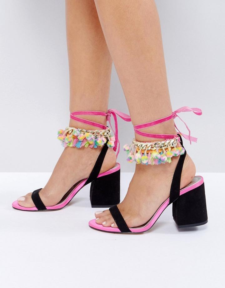 Asos Hunky Dory Pom Pom Block Heeled Sandals - Multi