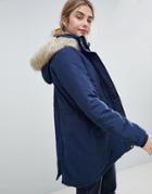 Jdy Pebble Parka Coat With Faux Fur Trim - Blue