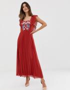 Asos Design Pleated Embroidered Square Neck Skater Midi Dress
