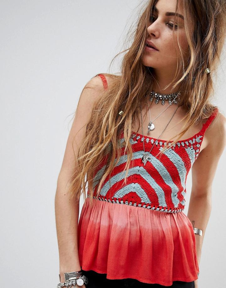 En Creme Cami Top With Bright Crochet Pannel - Red