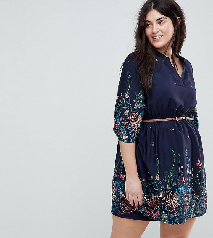 Yumi Plus Belted Dress With 3/4 Sleeves In Meadow Border Print - Navy