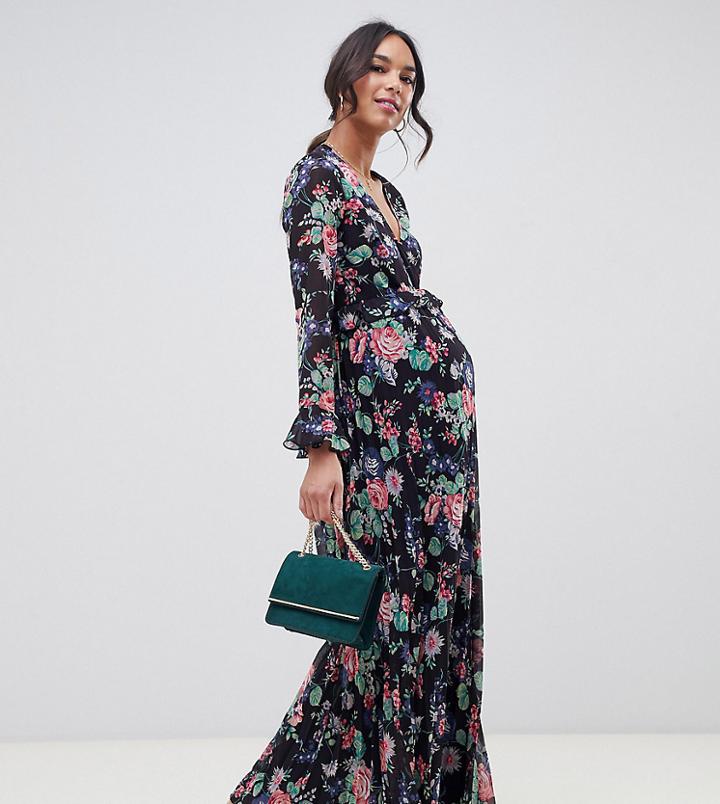 Asos Design Maternity Pleated Wrap Maxi Dress With Ruffle In Floral Print-multi