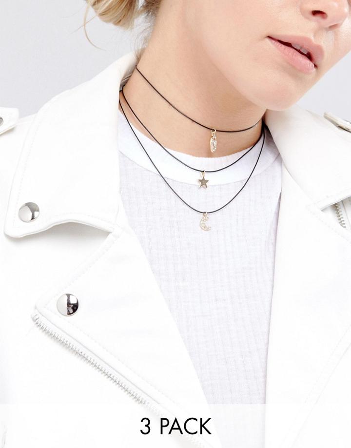 Asos Pack Of 3 Mystical Charm Choker Necklace - Black