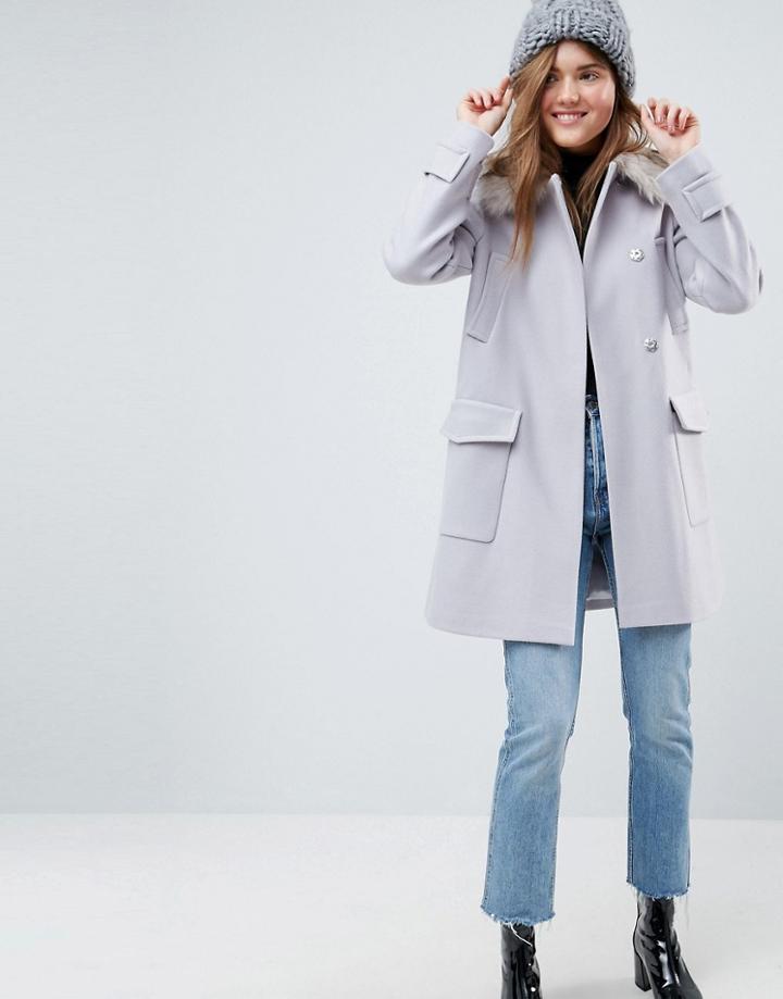 Asos Slim Coat With Faux Fur Trim - Gray