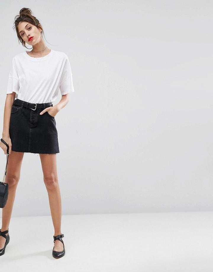 Asos Design Denim Mini Skirt With Raw Hem In Washed Black - Black