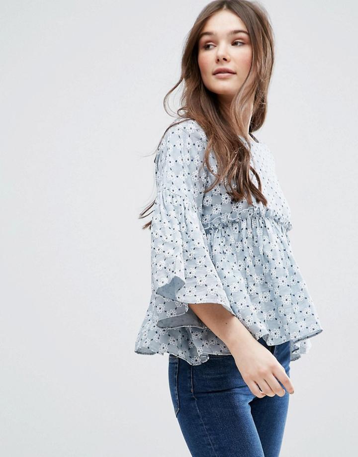 Qed London Floral Frill Sleeve Top - Multi