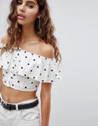 Pull & Bear Crop Top With Button Detail In Polka Dot - White