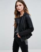 Brave Soul Biker Jacket With Faux Leather Panels - Black