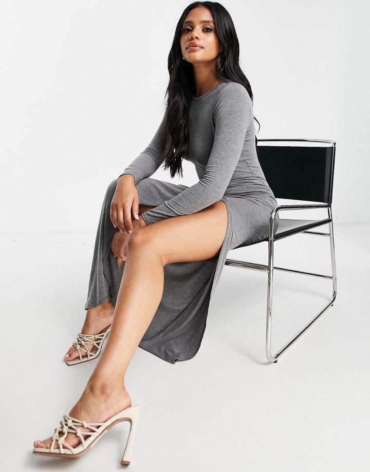 I Saw It First Jersey Plunge Long Sleeve Side Split Maxi Dress In Charcoal Gray-grey