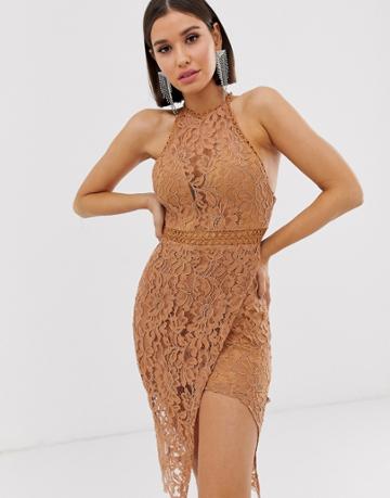 Love Triangle High Neck Lace Dress With Wrap Skirt In Caramel-beige