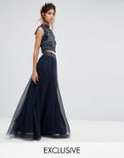 Lace & Beads Tulle Maxi Skirt With Scattered Pearl Embellishment - Navy