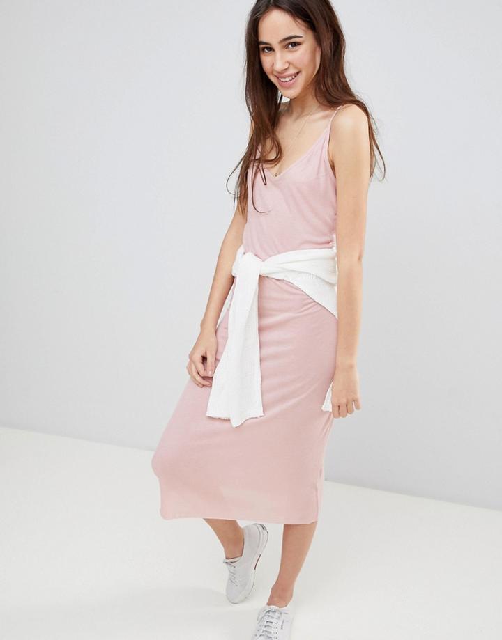 Brave Soul Ella Low Back Midi Dress In Rib - Pink