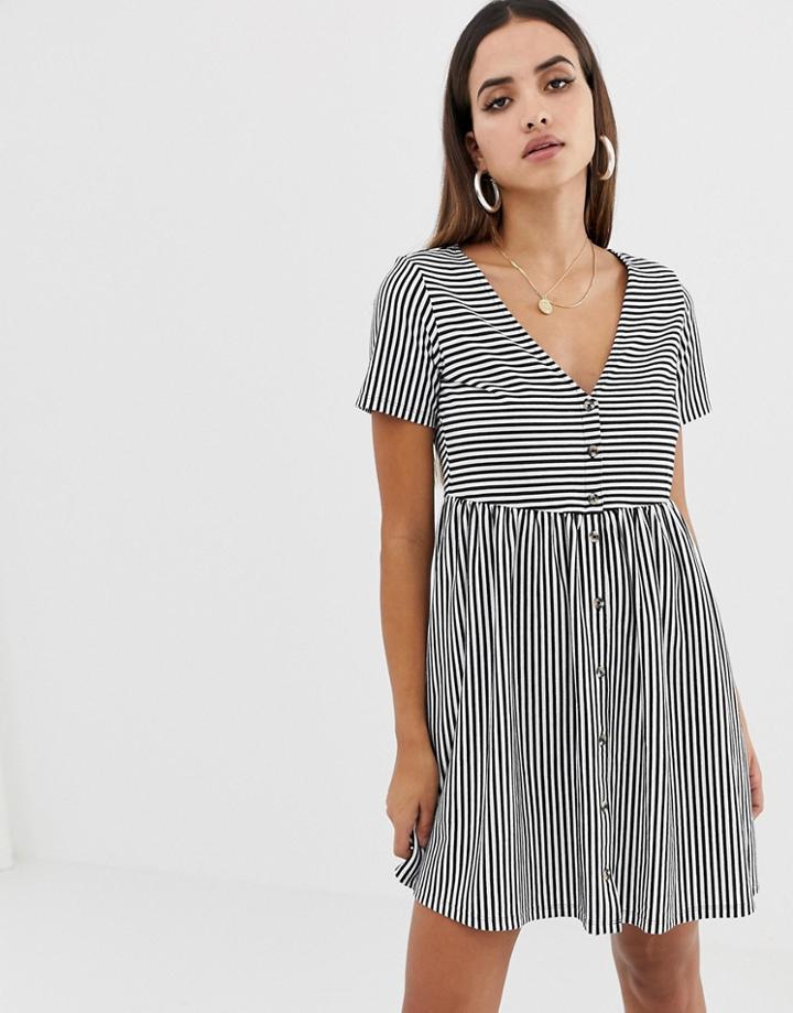 Asos Design Mini V Neck Button Through Smock Dress In Stripe-multi