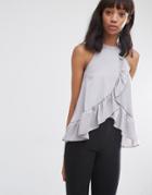 Asos High Neck Ruffle Front Satin Cami - Gray