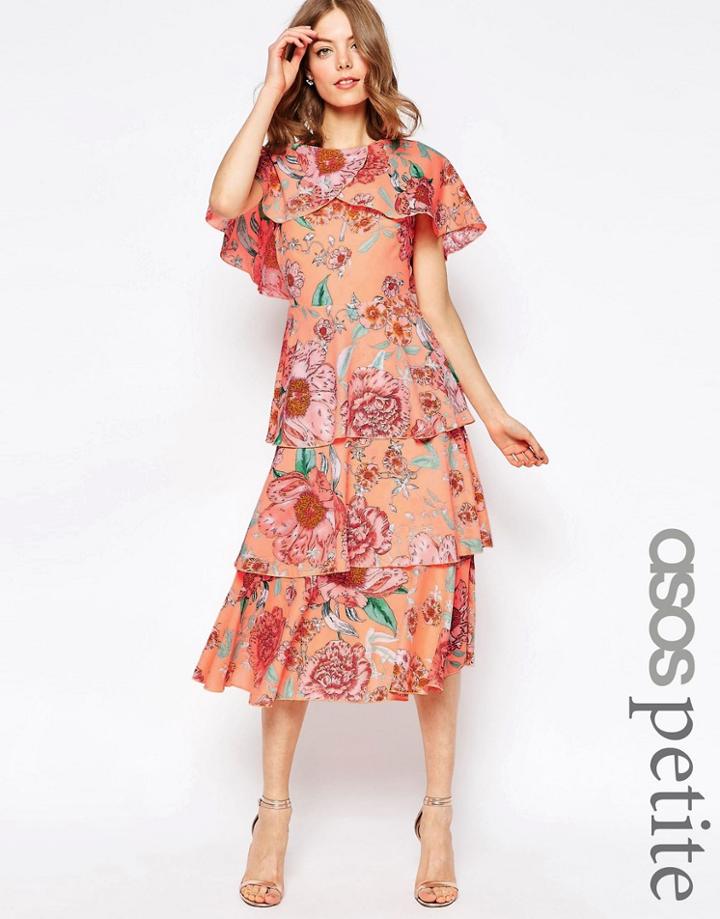 Asos Petite Cape Layered Midi Dress In Pastel Floral - Multi