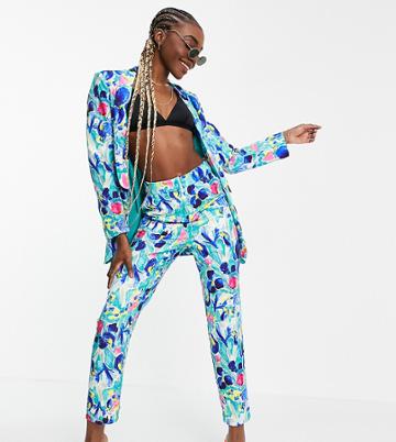 Liquorish Tall Blazer In Blue Floral Print - Part Of A Set-multi