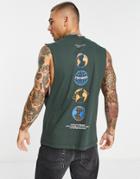 Asos Design Relaxed Tank Top In Dark Green With Spine Prints