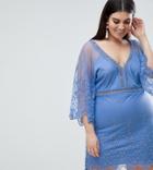 Boohoo Plus Lace Insert Bell Sleeve Mini Dress - Blue