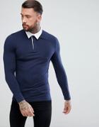 Asos Muscle Rugby Polo Shirt With Long Sleeve In Navy - Navy