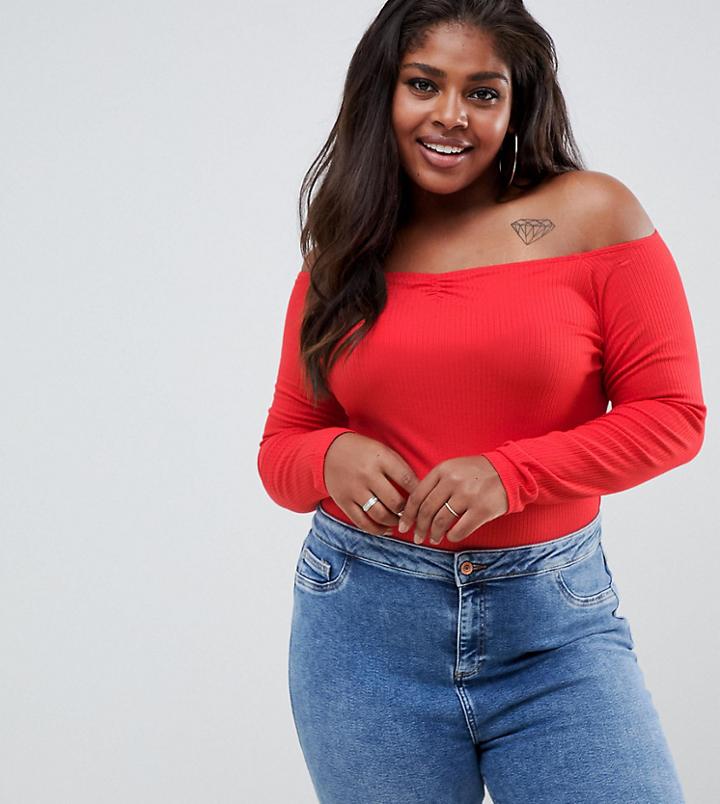 Asos Design Curve Off Shoulder Bardot Top In Rib In Red - Red