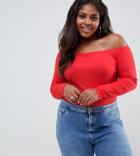Asos Design Curve Off Shoulder Bardot Top In Rib In Red - Red