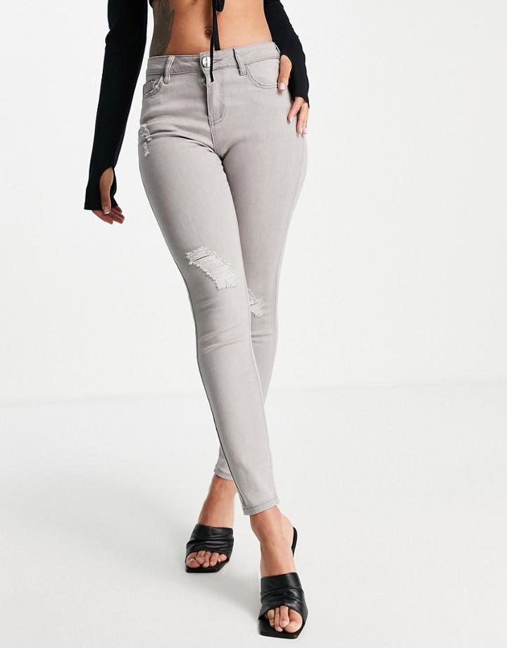 Lipsy Ripped Knee Jeans In Gray-green