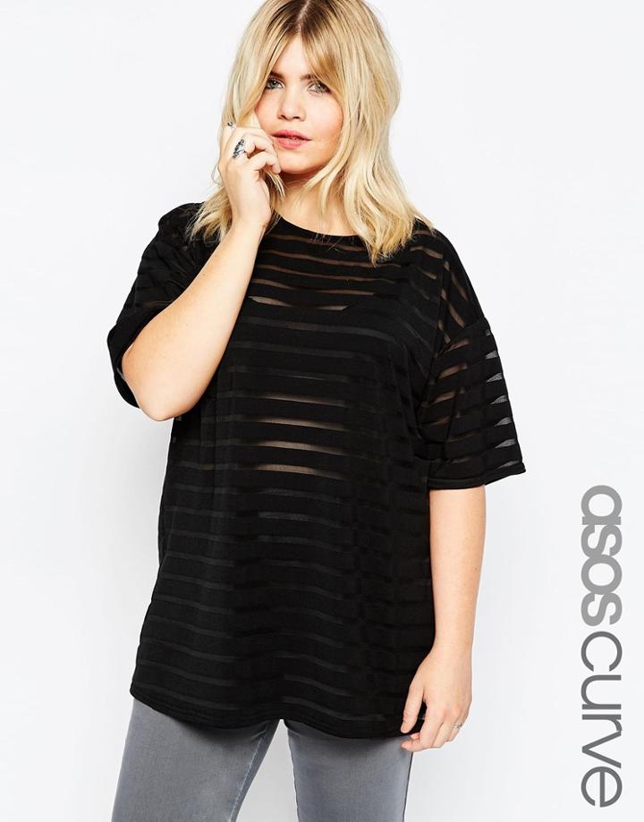 Asos Curve Oversized T-shirt In Mesh Stripe - Black