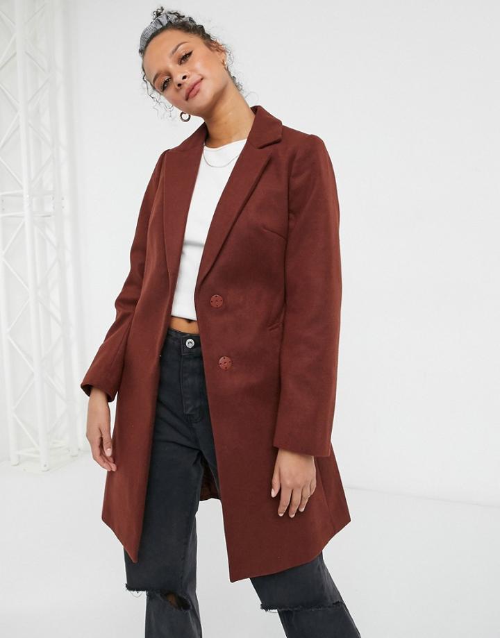 New Look Belted Tailored Coat In Dark Rust-brown
