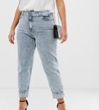 Asos Design Curve Ritson Rigid High Waisted Mom Jeans In Light Vintage Wash With Belted Waist And Cuff Hem Detail - Blue