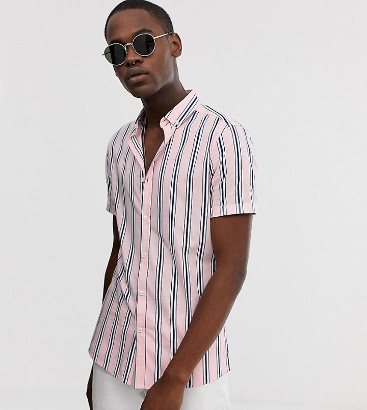 Asos Design Tall Skinny Fit Shirt In Pink And Navy Stripe - Pink
