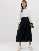 Asos Design High Waist Midi Skirt With Tortiose Shell Buckle And Contrast Stitching - Black