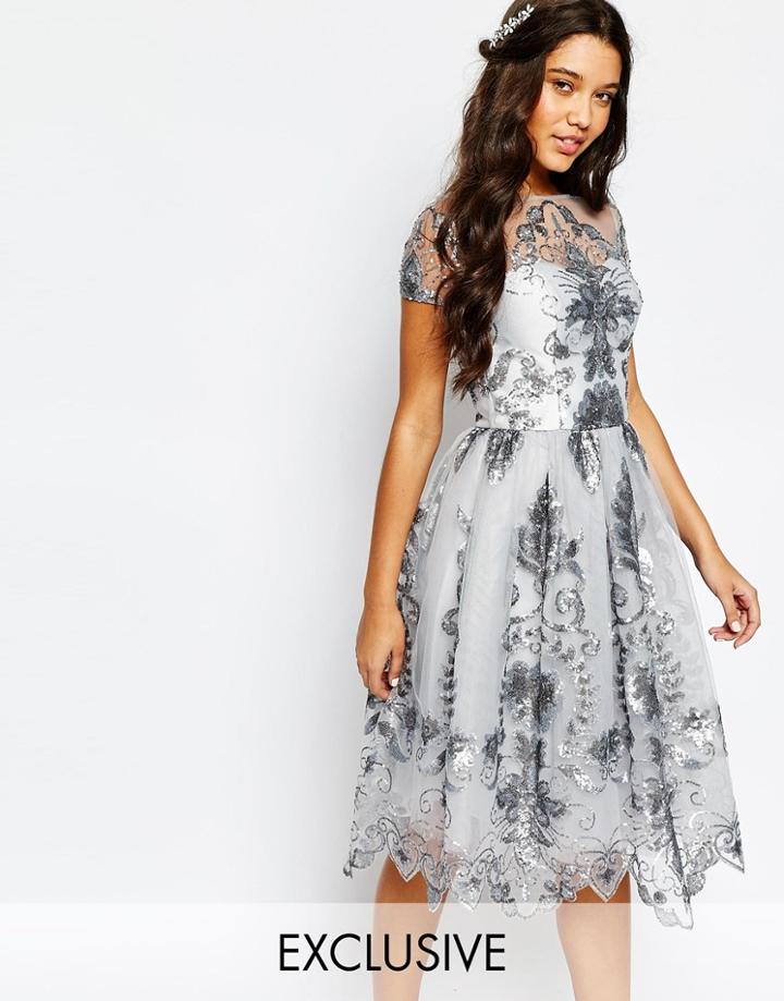 Chi Chi London Midi Prom Dress With Delicate Sequin - Lunar Rock