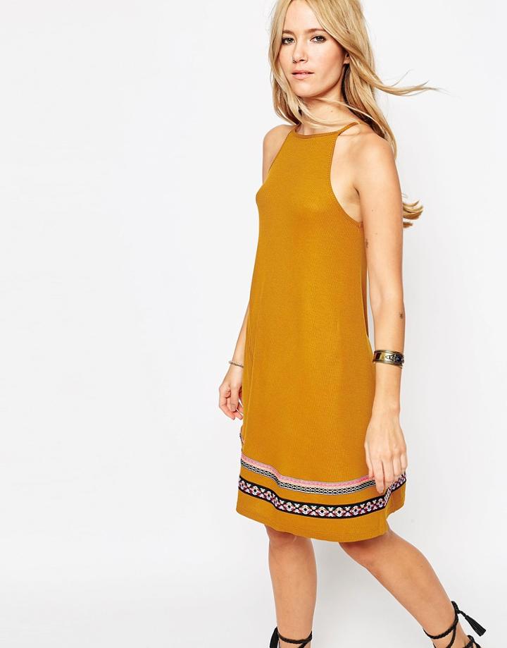 Asos Rib Swing Sundress With Tape Trim - Rust