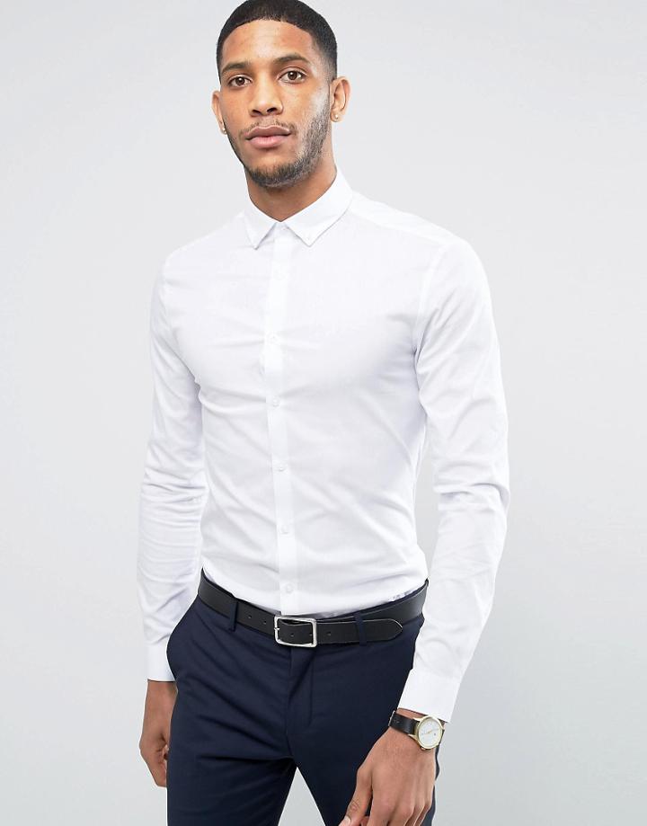 Asos Super Skinny Shirt In White With Button Down Collar - White