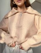 Asos Design Sweater With Zip Through Neck In Fluffy Yarn In Camel-neutral