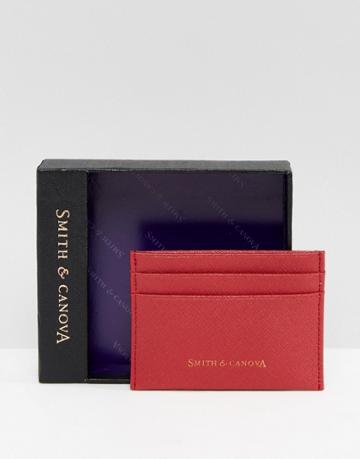 Smith And Canova Leather Card Holder In Red Saffiano - Red