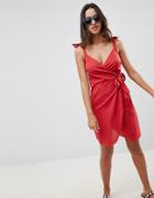 Asos Design Linen Bow Tie Side Wrap Mini Sundress - Red